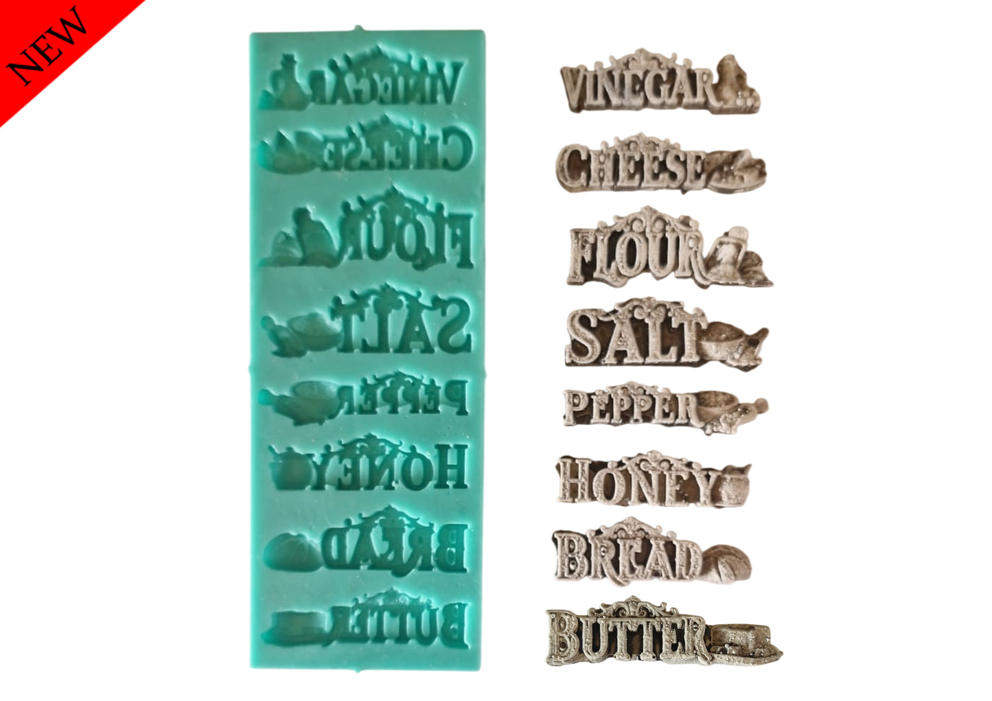 Vinigar, Cheese, Flour, Salt, Pepper, Honey, Bread, Butter - ( T_03 E ) Each word is 5.5cm long