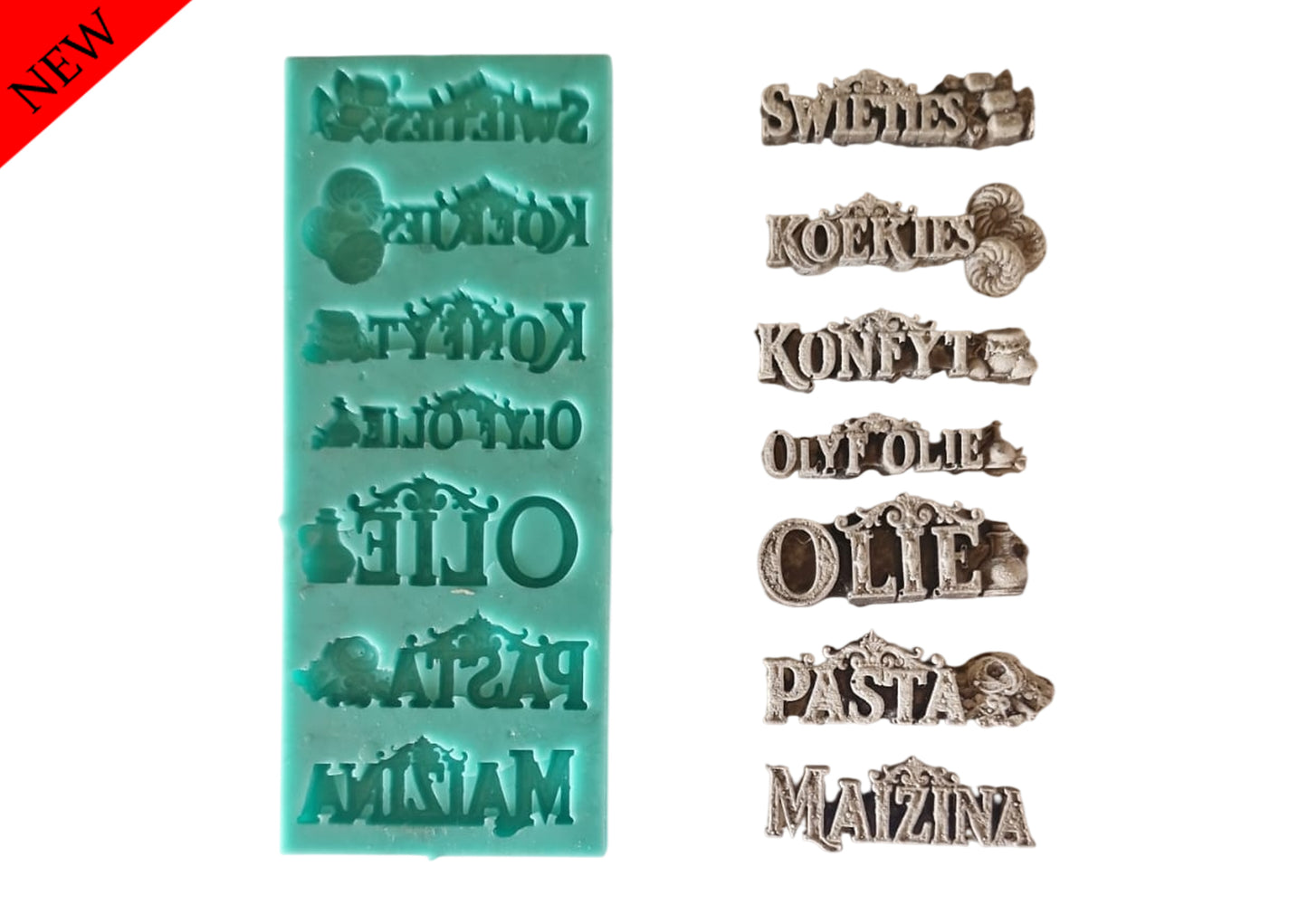 Swieties, koekies, Konfyt, Olyf olie, Olie, Pasta, Maizina - ( T_04 A ) Each word is 5.5cm long