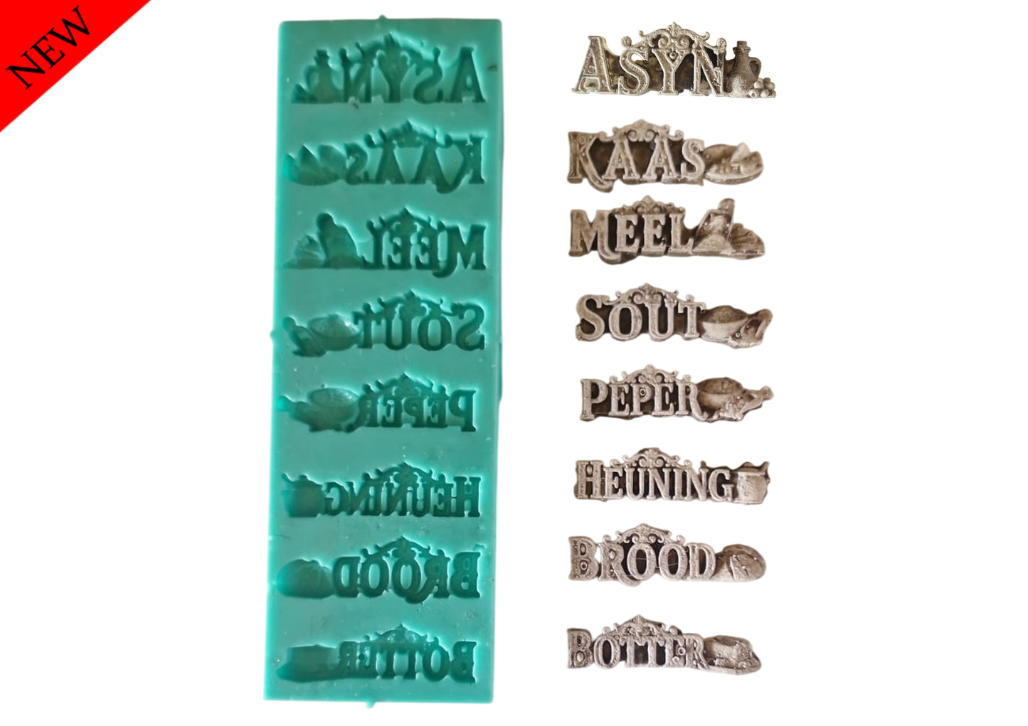 Asyn, Kaas, Meel, Sout, Peper, Heuning, Brood, Botter - ( T_03 A ) Each word is 5.5cm long