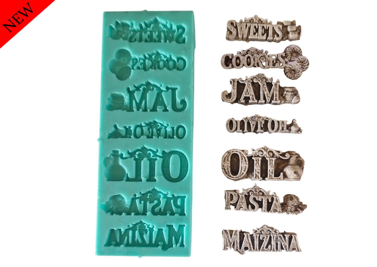 Sweets, Cookies, Jam, Olive oil, Oil, Pasta, Maizina - Each Word is 5cm long - (T_04 E) Each word is 5.5cm long