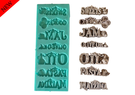Sweets, Cookies, Jam, Olive oil, Oil, Pasta, Maizina - Each Word is 5cm long - (T_04 E) Each word is 5.5cm long
