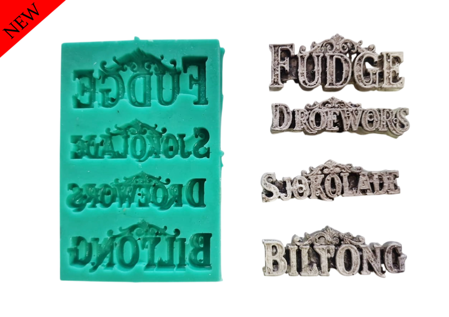 Fudge, Sjokoldade, Droëwors, Biltong - ( T_05 A ) Each word is 5.5cm long