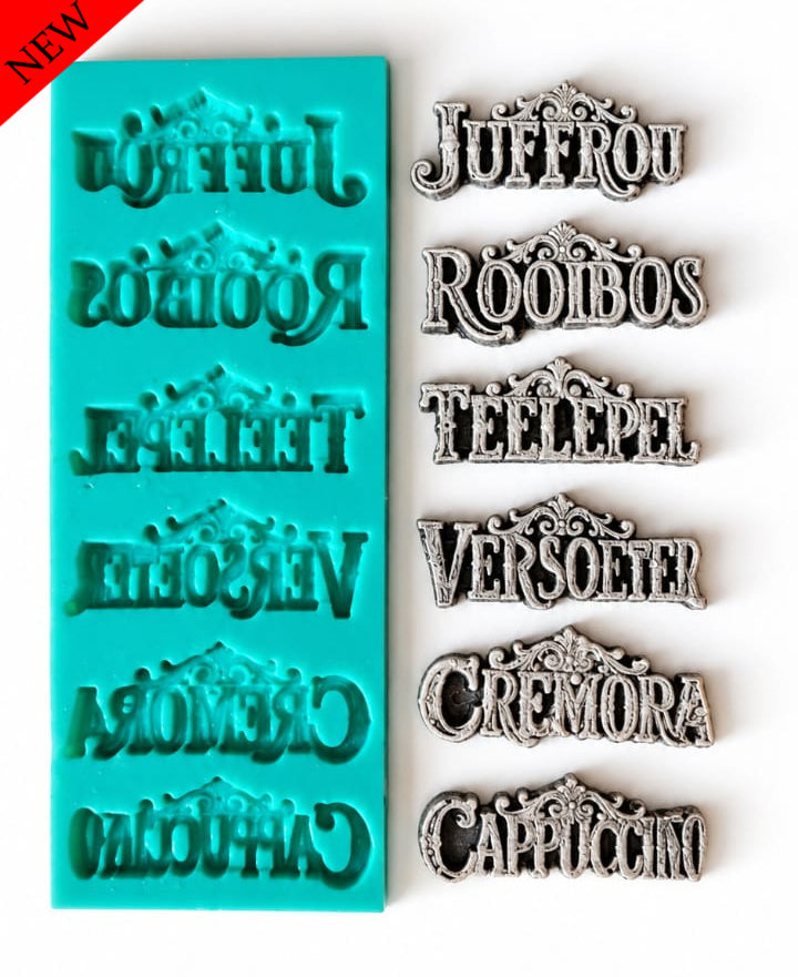 Juffrou, Rooibos, Teelepel, Versoeter, Cremora, Cappuccino - ( T_06 ) Each word 5cm long
